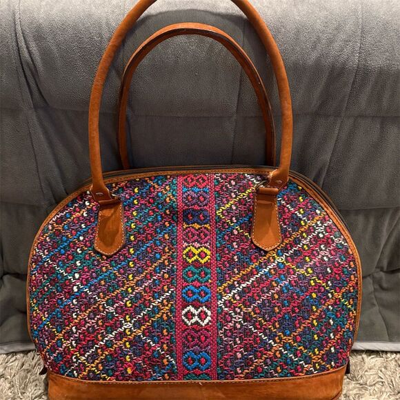 Unbranded Handbags - Artisan Handwoven Multicolor Brown Shoulder Bag with Suede Leather Trim